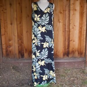 Tommy Bahama 100% Silk Hawaiian Print Orchid & Monstera Print Maxi Dress Size L
